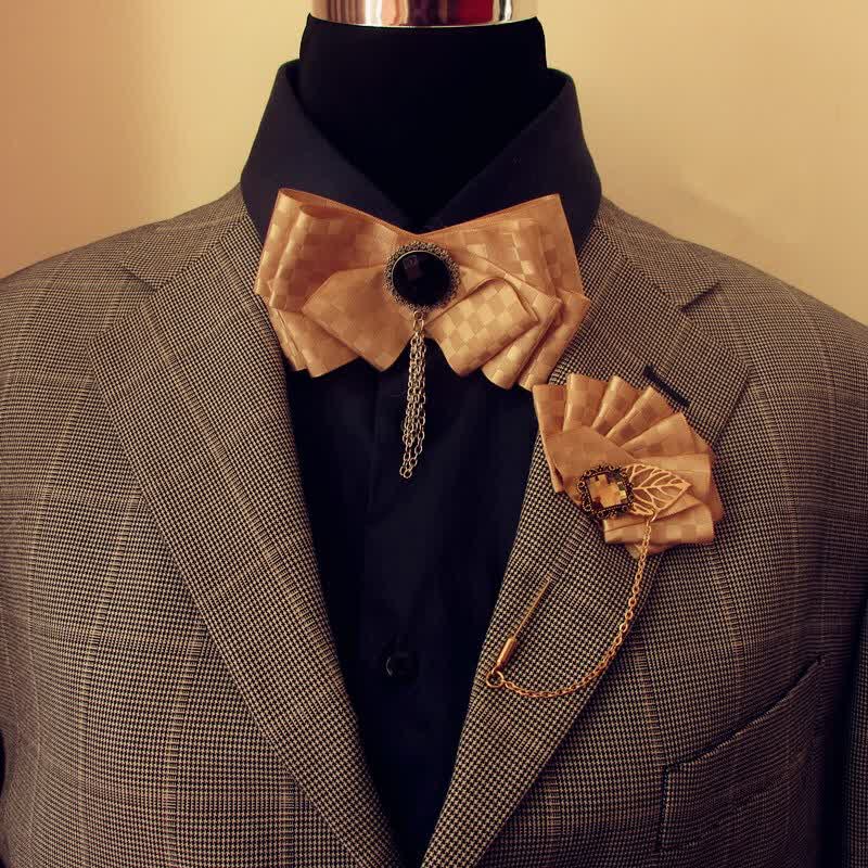 2Pcs Ribbon Checked Pattern Pin Bow Tie Set - Champagne - image 1