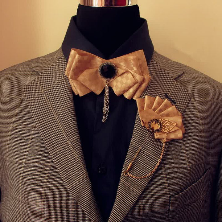 2Pcs Ribbon Checked Pattern Pin Bow Tie Set - Champagne - image 1