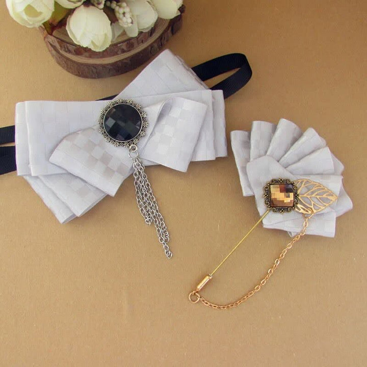 2Pcs Ribbon Checked Pattern Pin Bow Tie Set - Light Gray - image 7