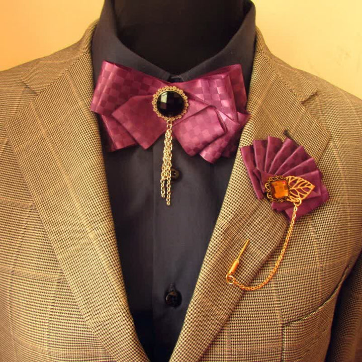 2Pcs Ribbon Checked Pattern Pin Bow Tie Set - Purple - image 6