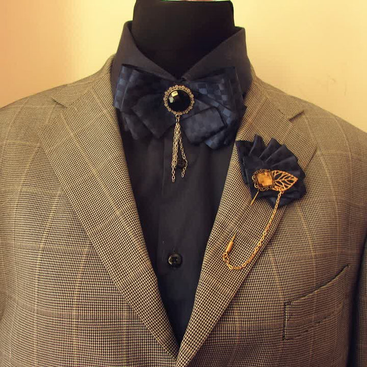 2Pcs Ribbon Checked Pattern Pin Bow Tie Set - Navy - image 4