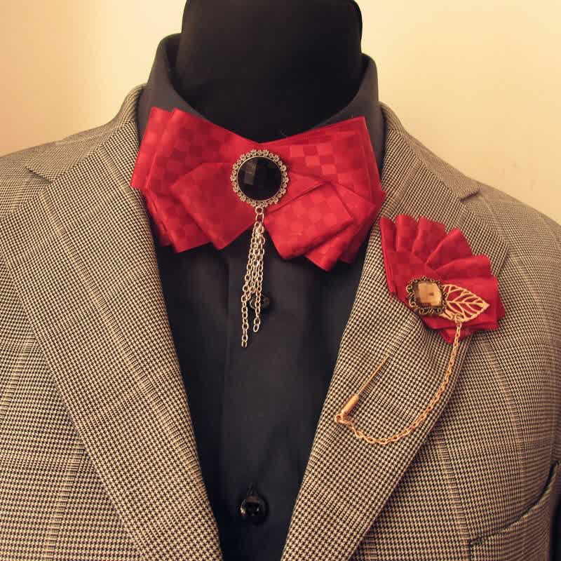 2Pcs Ribbon Checked Pattern Pin Bow Tie Set - Red - image 2