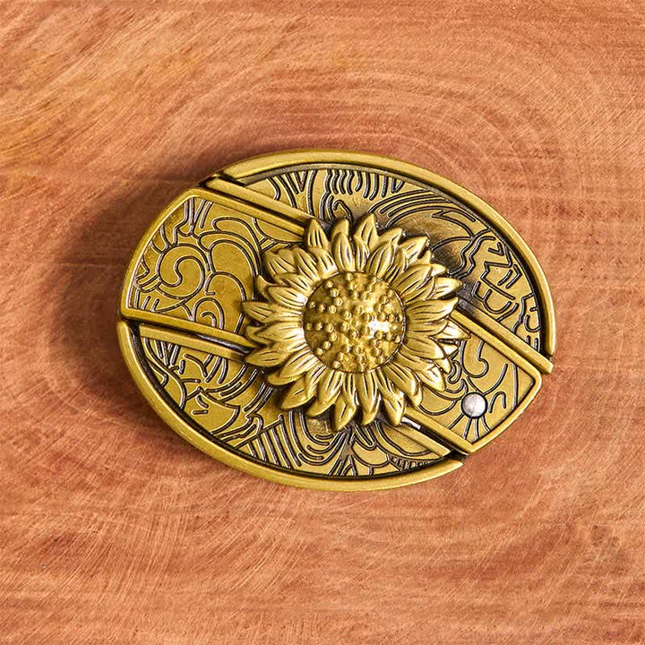 Men's DIY Bronze Sunflower Hidden Folding Knife Leather Belt - image 4