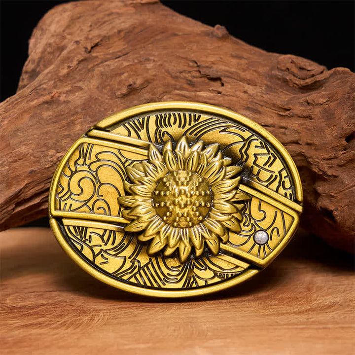 Men's DIY Bronze Sunflower Hidden Folding Knife Leather Belt - Sunflower - Without Belt - Not Included Belt - image 1