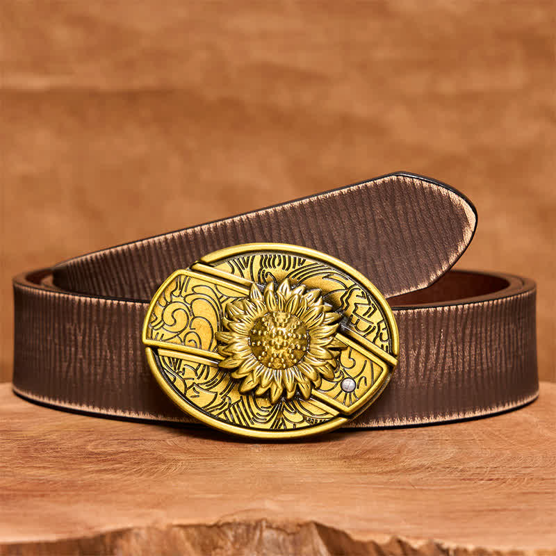 Men's DIY Bronze Sunflower Hidden Folding Knife Leather Belt - Sunflower - Brown Distressed Belt - 42 - image 9