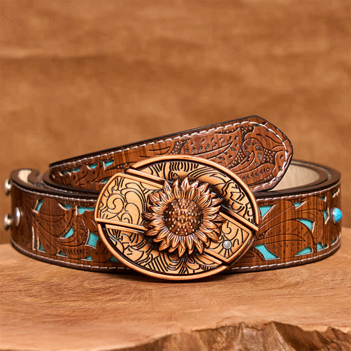 Men's DIY Red Bronze Sunflower Hidden Folding Knife Leather Belt - Sunflower - Turquoise Carved Belt - 42 - image 6