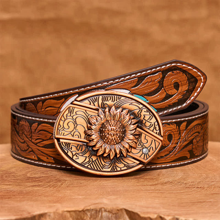 Men's DIY Red Bronze Sunflower Hidden Folding Knife Leather Belt - Sunflower - Brown Feather Belt - 40 - image 10