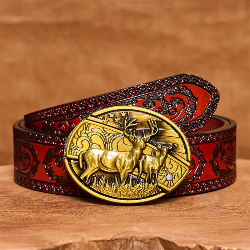 Men's DIY Bronze Dual Deers Hidden Folding Knife Leather Belt - Dual Deers - Brown Carved Belt - 42 - image 8