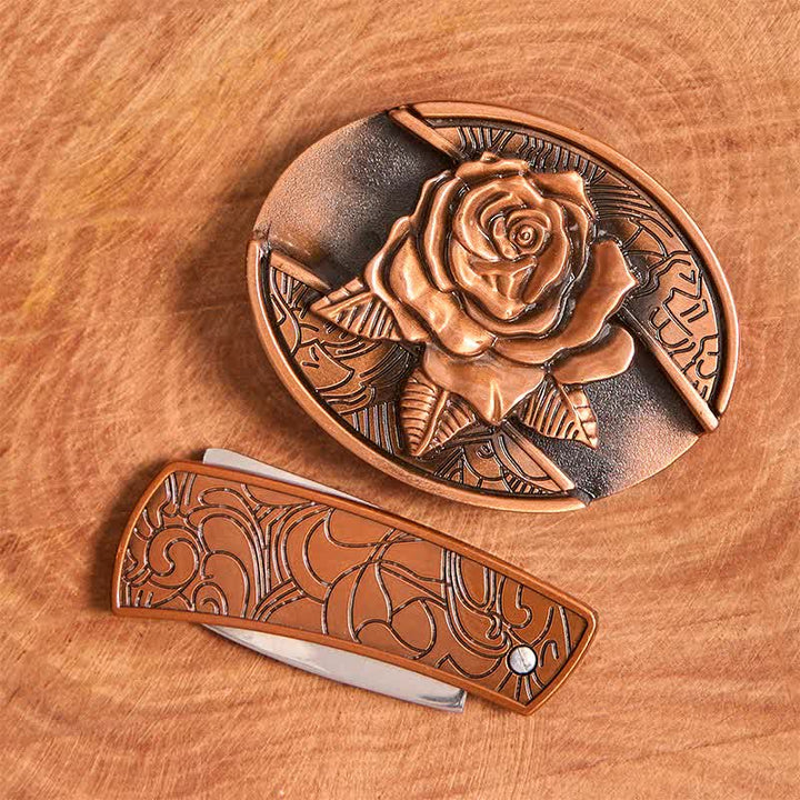 Men's DIY Red Bronze Rose Hidden Folding Knife Leather Belt - image 4