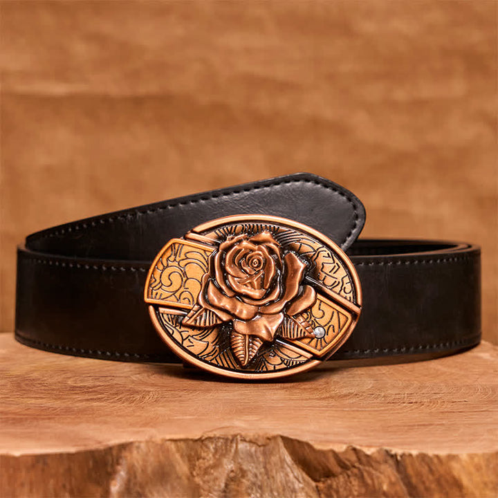 Men's DIY Red Bronze Rose Hidden Folding Knife Leather Belt - Rose - Black PU Belt - 42 - image 5