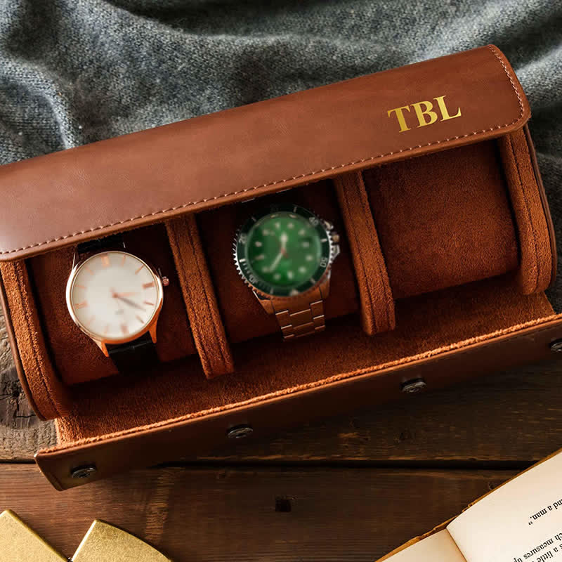 Custom Initials Travel Leather Roll Watch Case - image 1