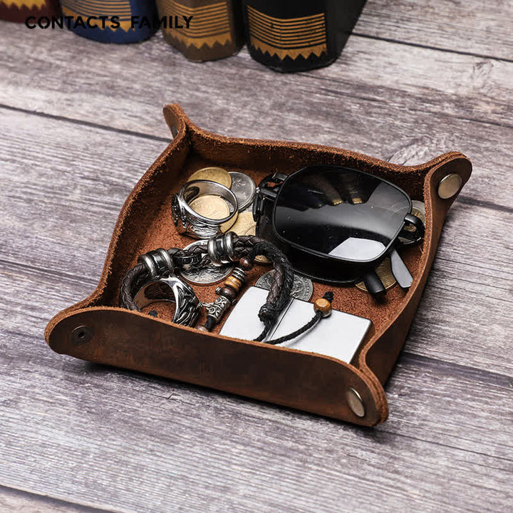 Rustic Genuine Leather Custom Name Foldable Valet Tray - Coffee - image 1