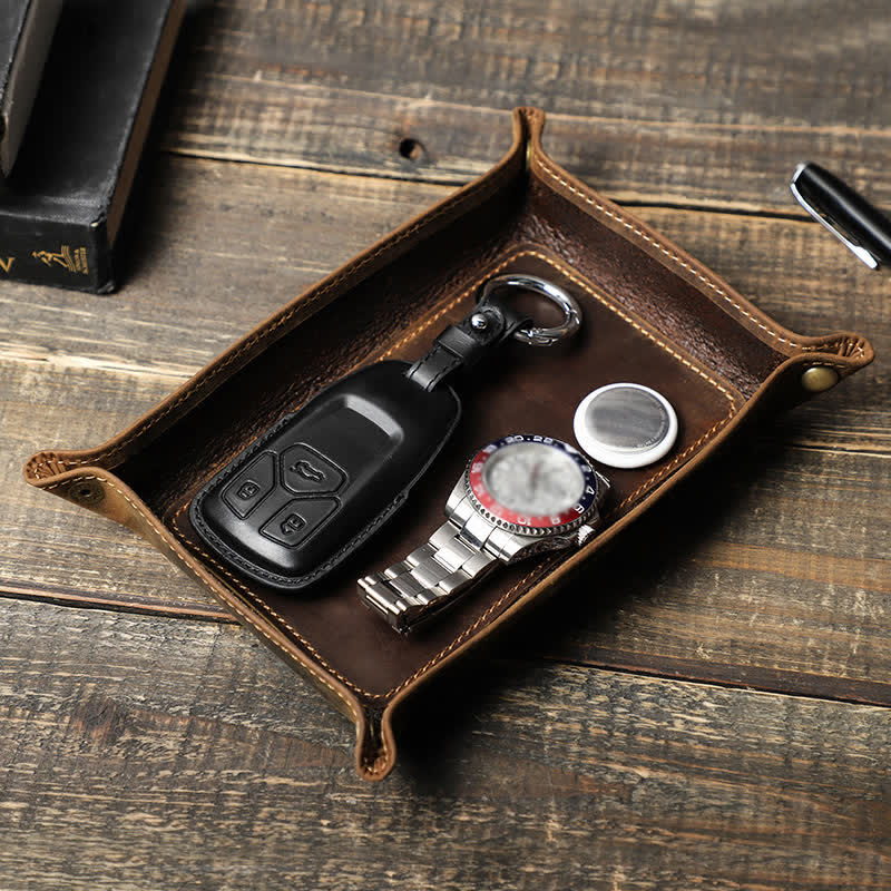 Small Rectangle Leather Custom Name Foldable Valet Tray - Coffee - image 1