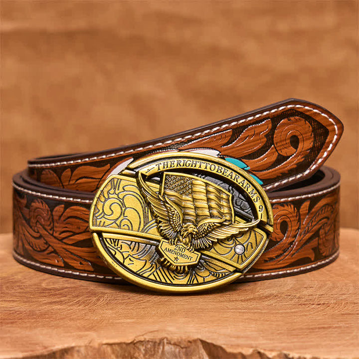 Men's DIY Bronze Eagle USA Flag Hidden Folding Knife Leather Belt - Eagle - Brown Feather Belt - 40 - image 10
