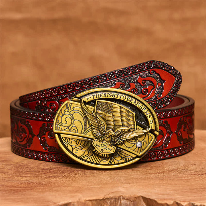 Men's DIY Bronze Eagle USA Flag Hidden Folding Knife Leather Belt - Eagle - Brown Carved Belt - 42 - image 8
