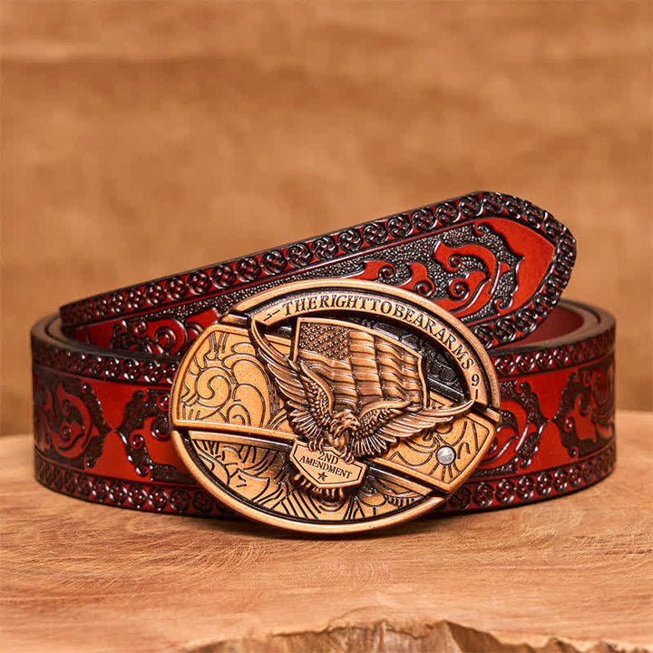 Men's DIY Red Bronze Eagle USA Flag Hidden Folding Knife Leather Belt - Eagle - Brown Carved Belt - 42 - image 8
