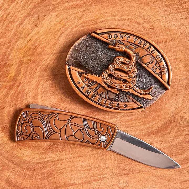 Men's DIY Red Bronze Snake Hidden Folding Knife Leather Belt - image 2