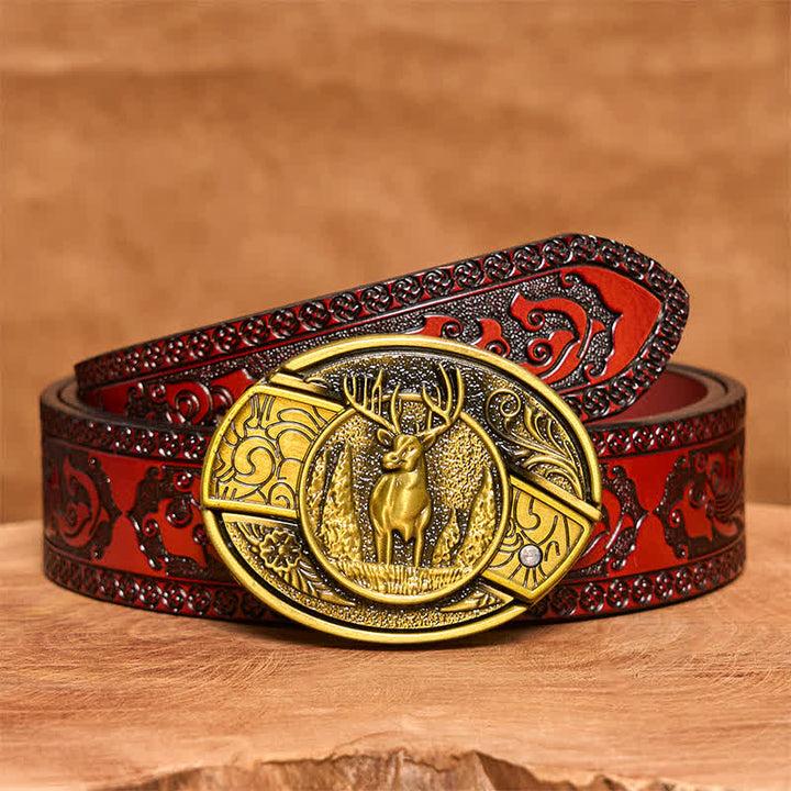 Men's DIY Bronze Forest Deer Hidden Folding Knife Leather Belt - Deer - Brown Carved Belt - 42 - image 8