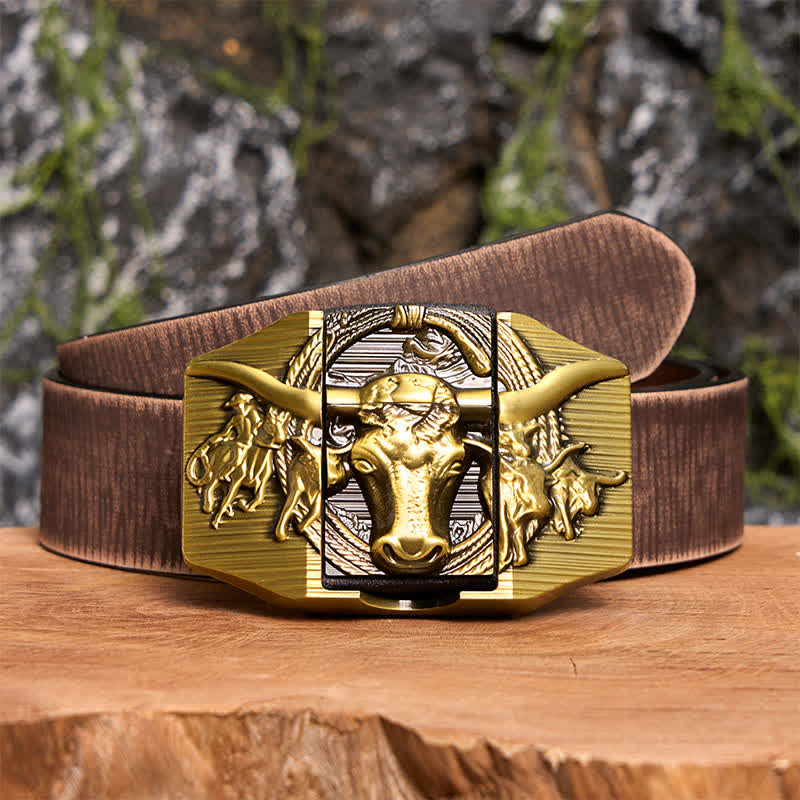 Men's DIY Golden Domineering Bull Leather Belt with Hidden Lighter - Longhorn Bull - Brown Distressed Belt - 42 - image 8