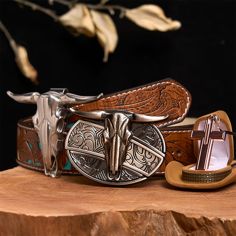 Longhorn Bull DIY Hidden Knife Belt Buckle Cross Necklace Bundle Set - Longhorn Bull - Turquoise Carved Belt - 42 - image 5