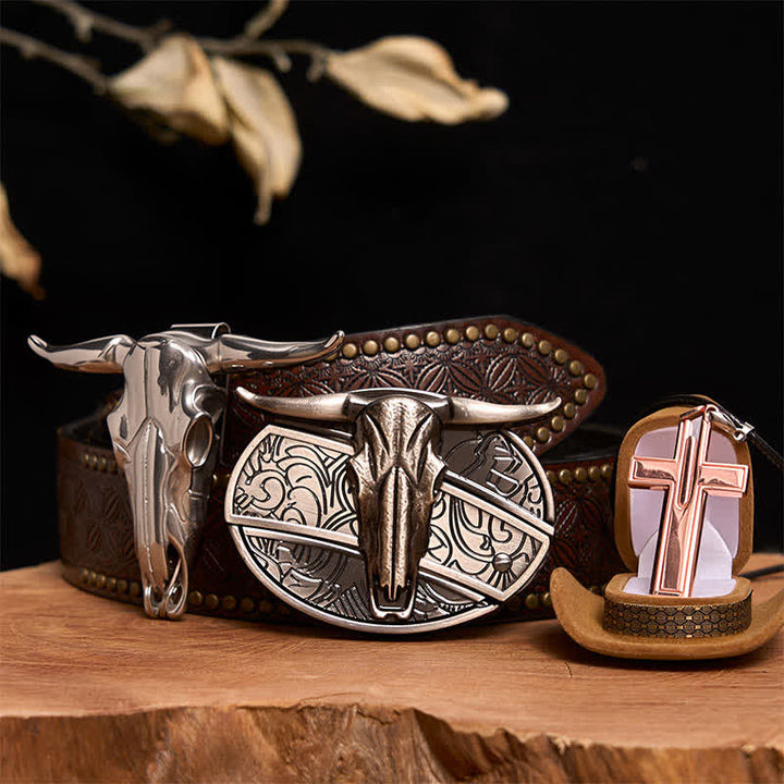 Longhorn Bull DIY Hidden Knife Belt Buckle Cross Necklace Bundle Set - Longhorn Bull - Brown Rivet Belt - 42 - image 6