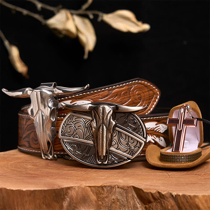 Longhorn Bull DIY Hidden Knife Belt Buckle Cross Necklace Bundle Set - Longhorn Bull - Brown Feather Belt - 40 - image 1