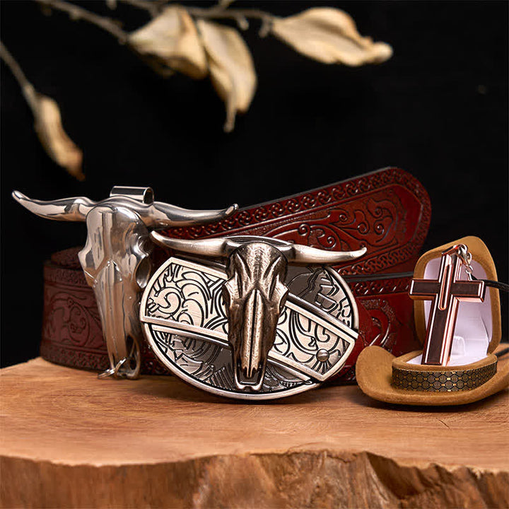 Longhorn Bull DIY Hidden Knife Belt Buckle Cross Necklace Bundle Set - Longhorn Bull - Brown Carved Belt - 42 - image 8
