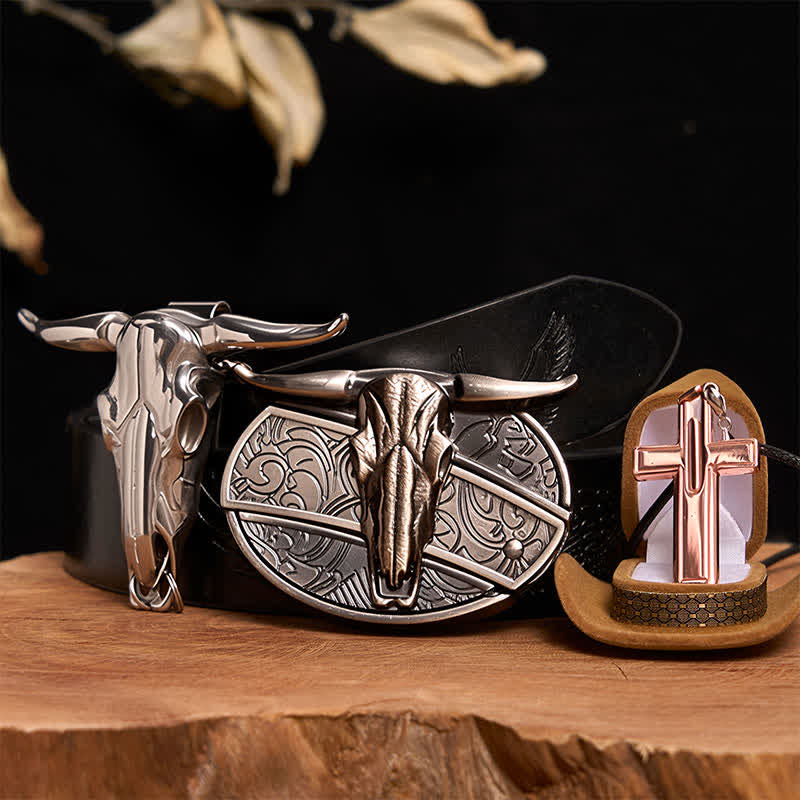 Longhorn Bull DIY Hidden Knife Belt Buckle Cross Necklace Bundle Set - Longhorn Bull - Black Embossed Eagle Belt - 42 - image 4