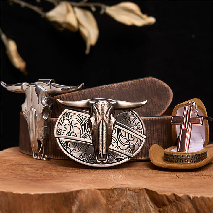 Longhorn Bull DIY Hidden Knife Belt Buckle Cross Necklace Bundle Set - Longhorn Bull - Brown Distressed Belt - 42 - image 7