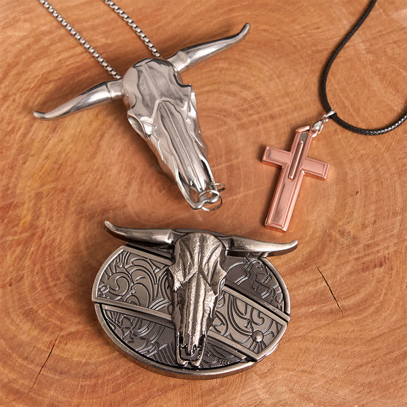 Longhorn Bull DIY Hidden Knife Belt Buckle Cross Necklace Bundle Set - Longhorn Bull - Without Belt - Not Include Belt - image 1