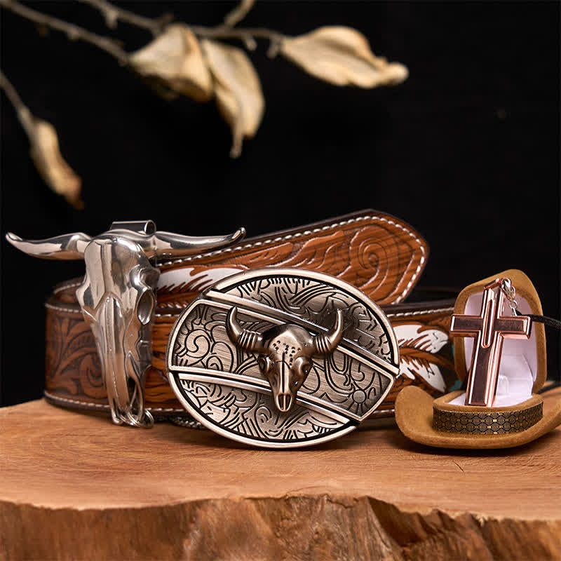 Antique Silver Bull DIY Hidden Knife Belt Buckle Cross Necklace Bundle Set - Silver Bull Head - Brown Feather Belt - 40 - image 1
