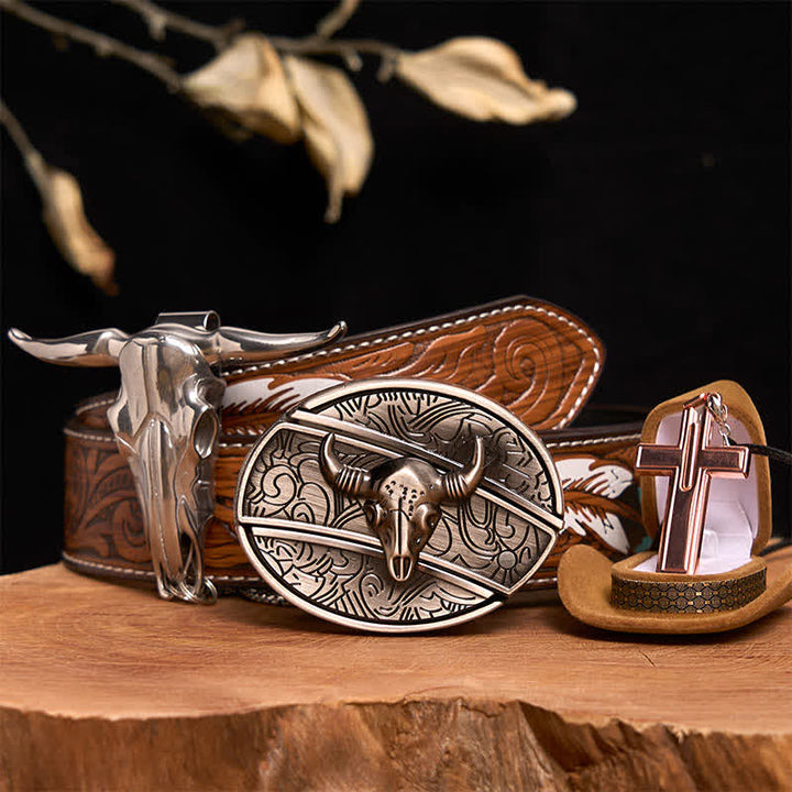 Antique Silver Bull DIY Hidden Knife Belt Buckle Cross Necklace Bundle Set - Silver Bull Head - Brown Feather Belt - 40 - image 1