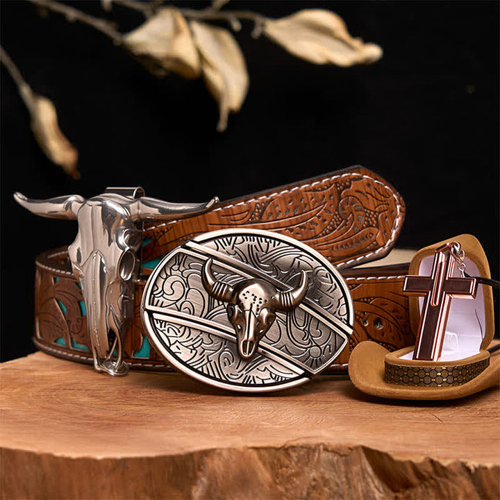 Antique Silver Bull DIY Hidden Knife Belt Buckle Cross Necklace Bundle Set - Silver Bull Head - Turquoise Carved Belt - 42 - image 5