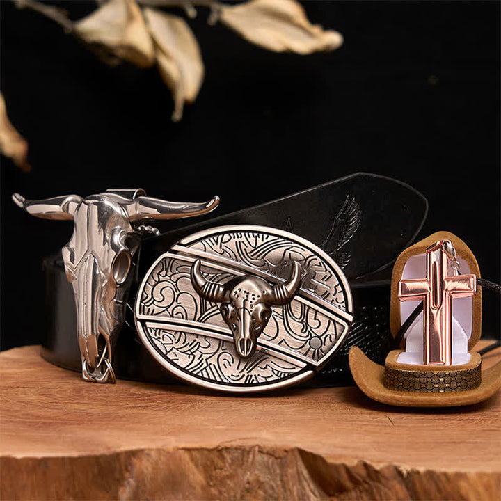 Antique Silver Bull DIY Hidden Knife Belt Buckle Cross Necklace Bundle Set - Silver Bull Head - Black Embossed Eagle Belt - 42 - image 3