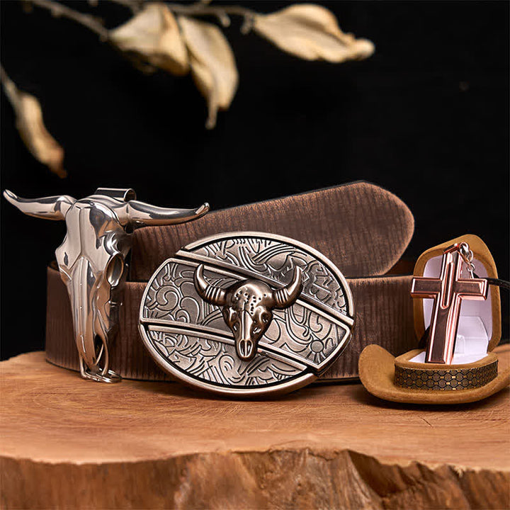 Antique Silver Bull DIY Hidden Knife Belt Buckle Cross Necklace Bundle Set - Silver Bull Head - Brown Distressed Belt - 42 - image 7