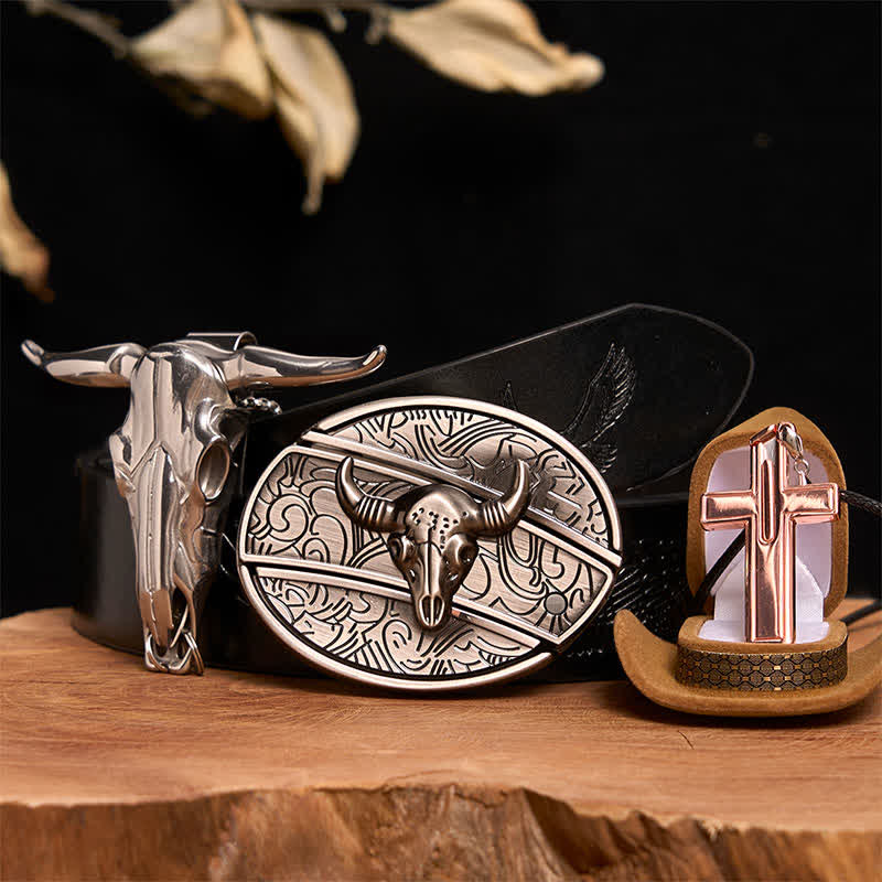 Antique Silver Bull DIY Hidden Knife Belt Buckle Cross Necklace Bundle Set - Silver Bull Head - Black Embossed Eagle Belt - 42 - image 4