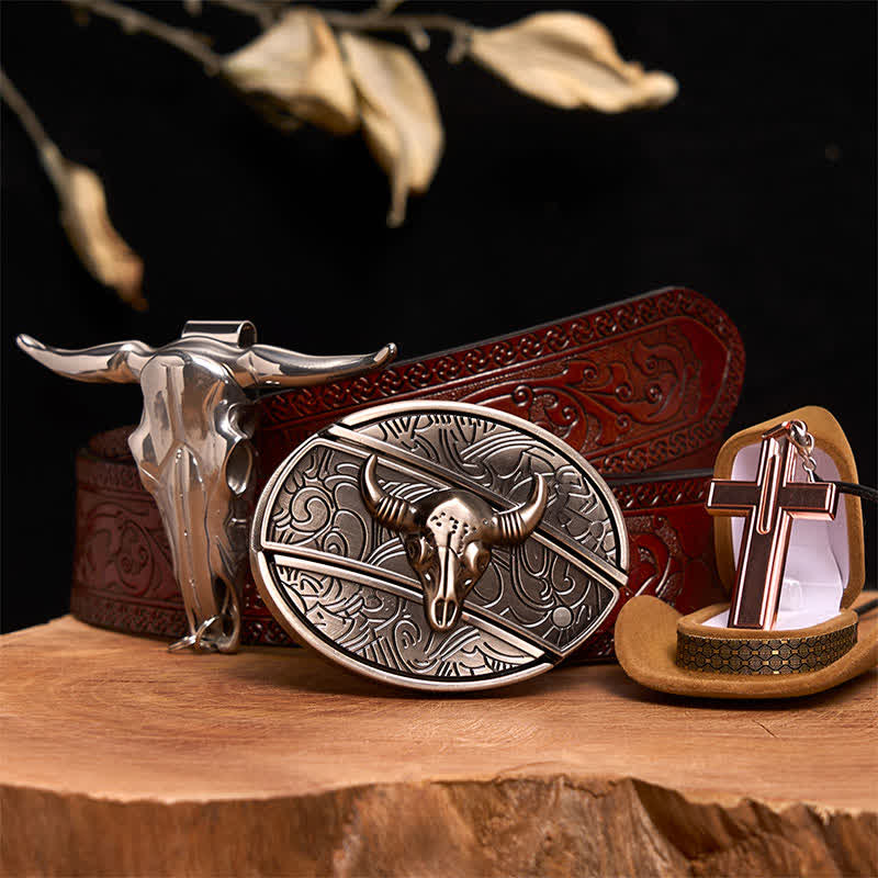 Antique Silver Bull DIY Hidden Knife Belt Buckle Cross Necklace Bundle Set - Silver Bull Head - Brown Carved Belt - 42 - image 8