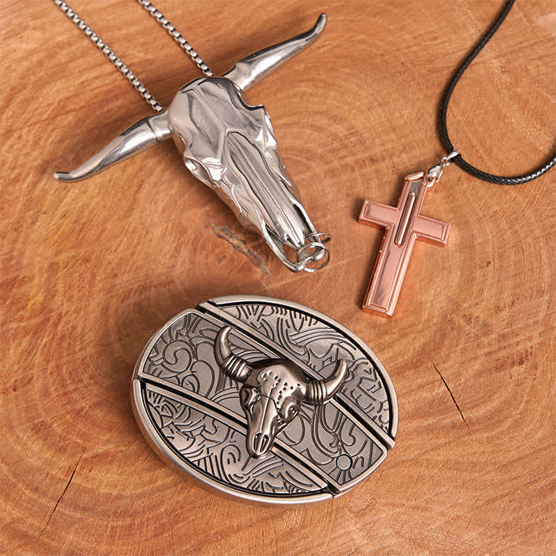 Antique Silver Bull DIY Hidden Knife Belt Buckle Cross Necklace Bundle Set - Silver Bull Head - Without Belt - Not Include Belt - image 2