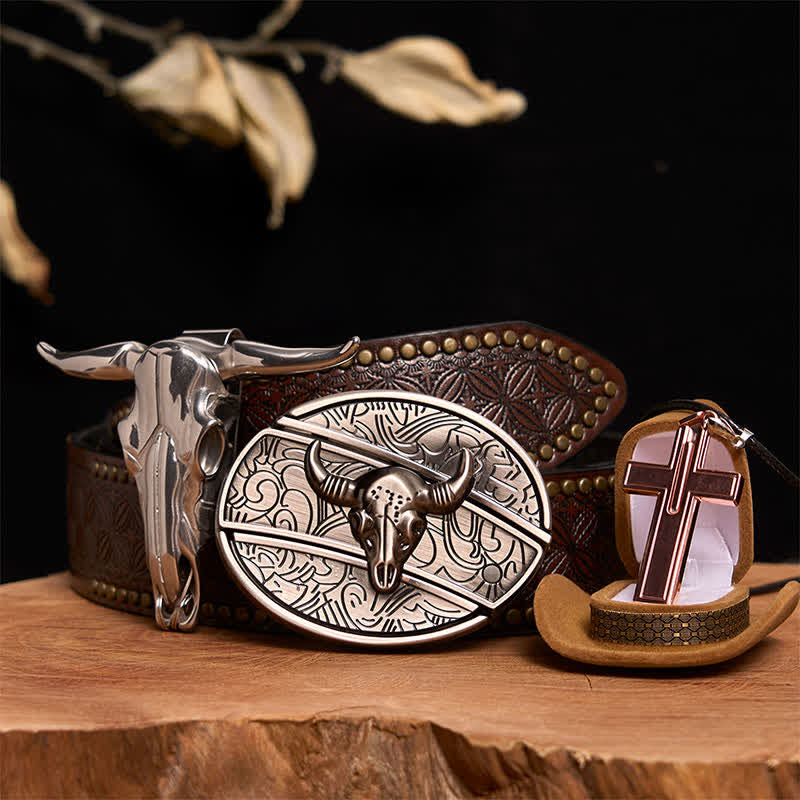 Antique Silver Bull DIY Hidden Knife Belt Buckle Cross Necklace Bundle Set - Silver Bull Head - Brown Rivet Belt - 42 - image 5