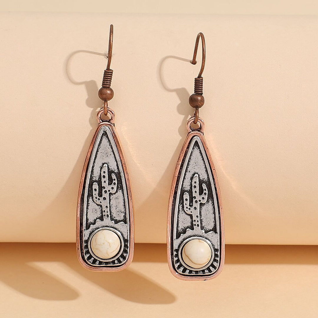 Vintage Water Drop Round Cactus With Turquoise Earrings Necklace - Howlite - image 5
