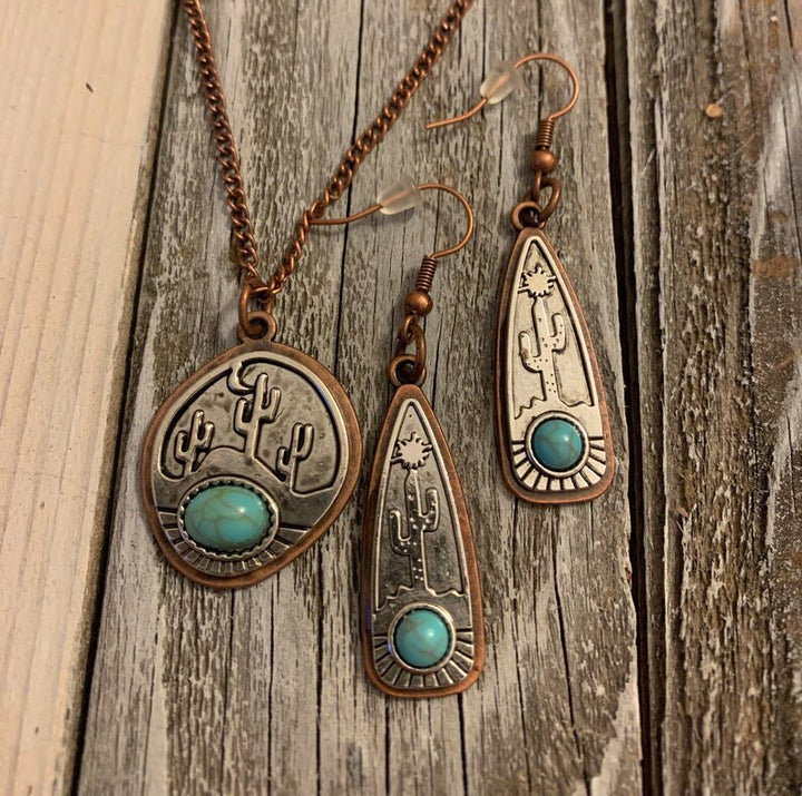 Vintage Water Drop Round Cactus With Turquoise Earrings Necklace - Ancient red copper - image 3