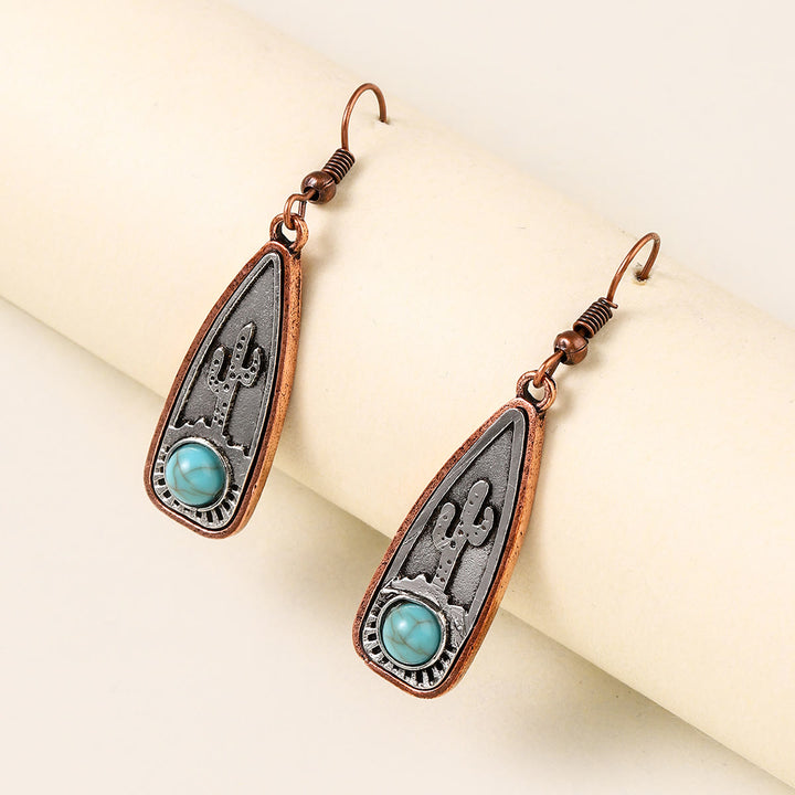 Vintage Water Drop Round Cactus With Turquoise Earrings Necklace - Turquoise - image 3