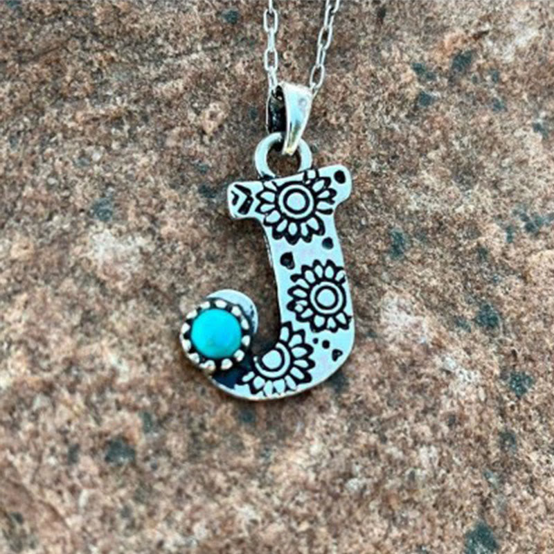 Retro Turquoise Unisex Letter Metal Necklace - J - image 8