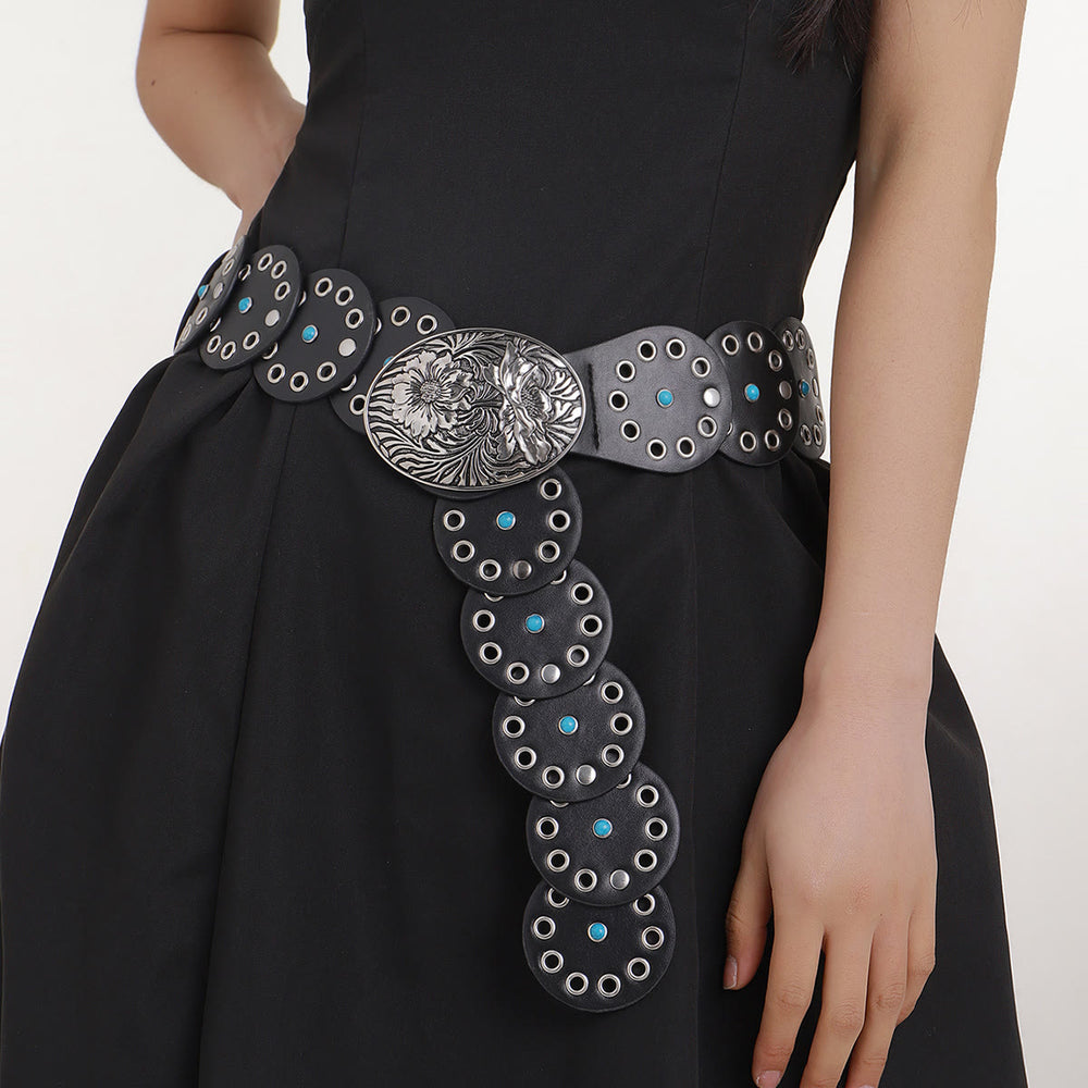 Round Hollowed Out Blue Diamond Inlaid Women's Leather Belt - image 2
