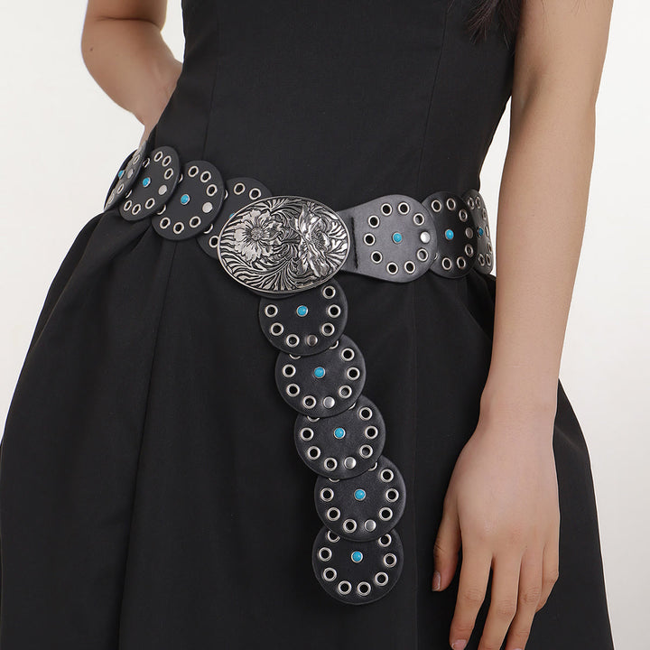 Round Hollowed Out Blue Diamond Inlaid Women's Leather Belt - image 2