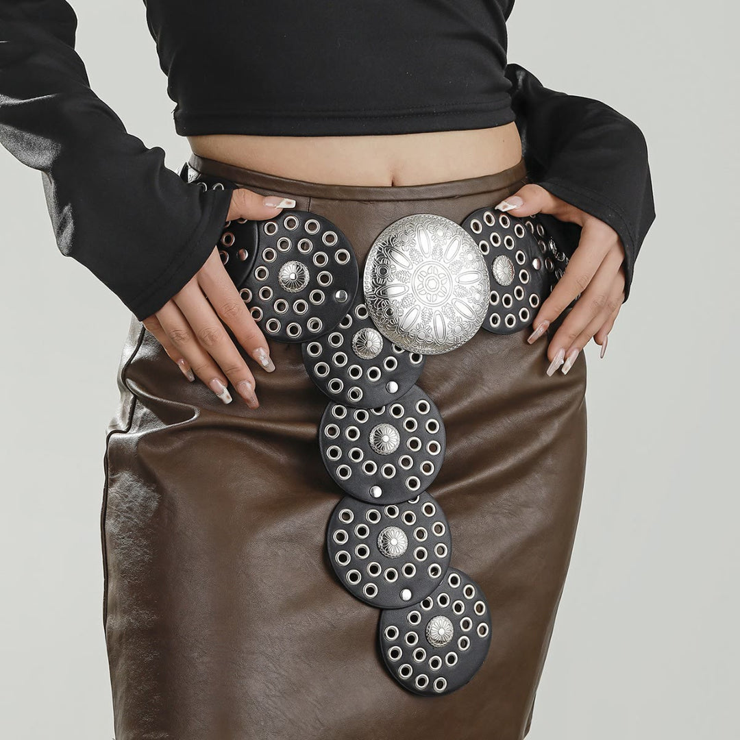 Retro Round Hollow Design Women's Leather Belt - Black - image 1