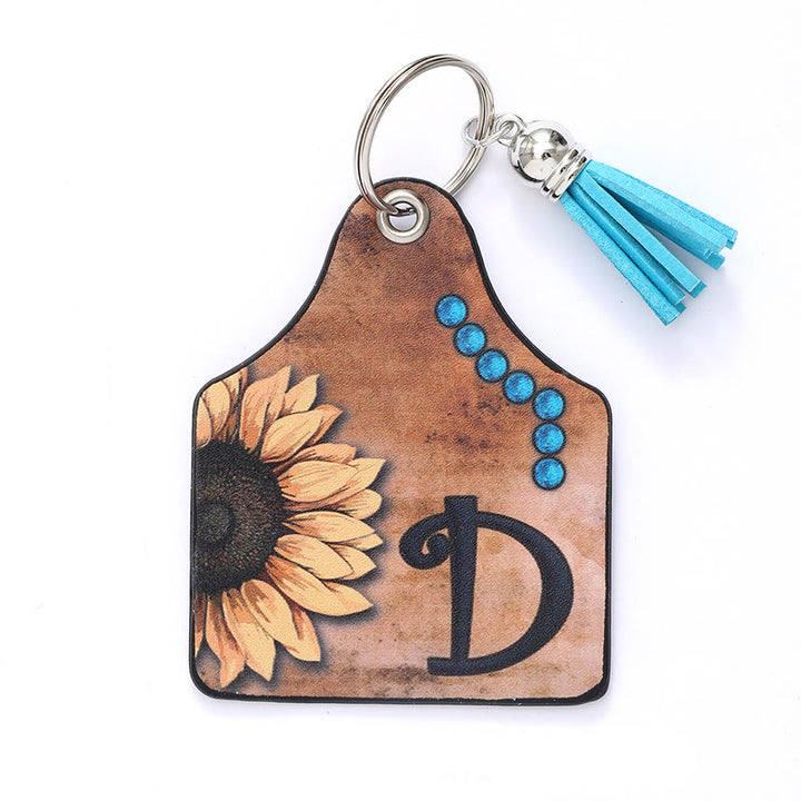 Western Style Sunflower&Letter Tassel Leather Keychain - D - image 5