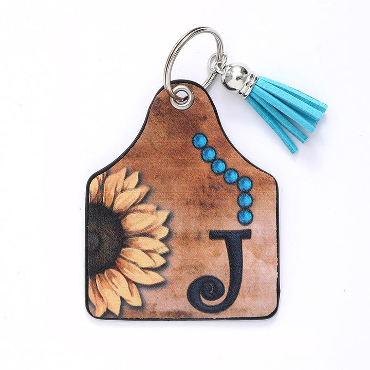 Western Style Sunflower&Letter Tassel Leather Keychain - J - image 11