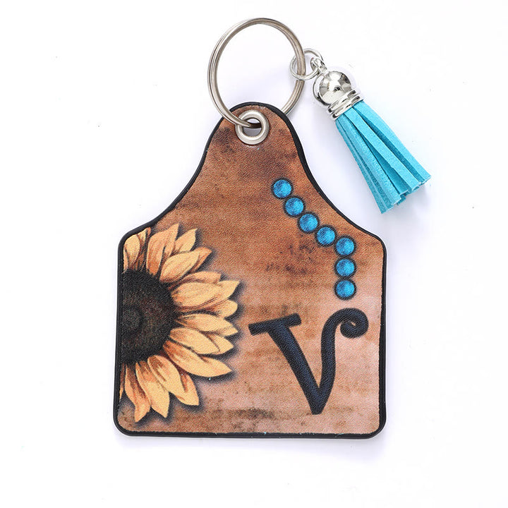 Western Style Sunflower&Letter Tassel Leather Keychain - V - image 23