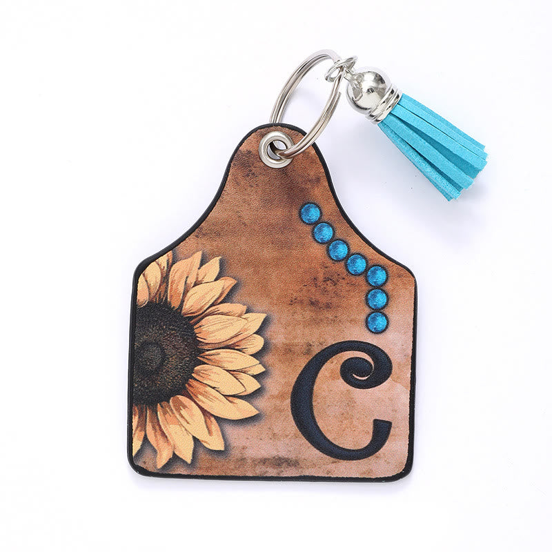 Western Style Sunflower&Letter Tassel Leather Keychain - C - image 4